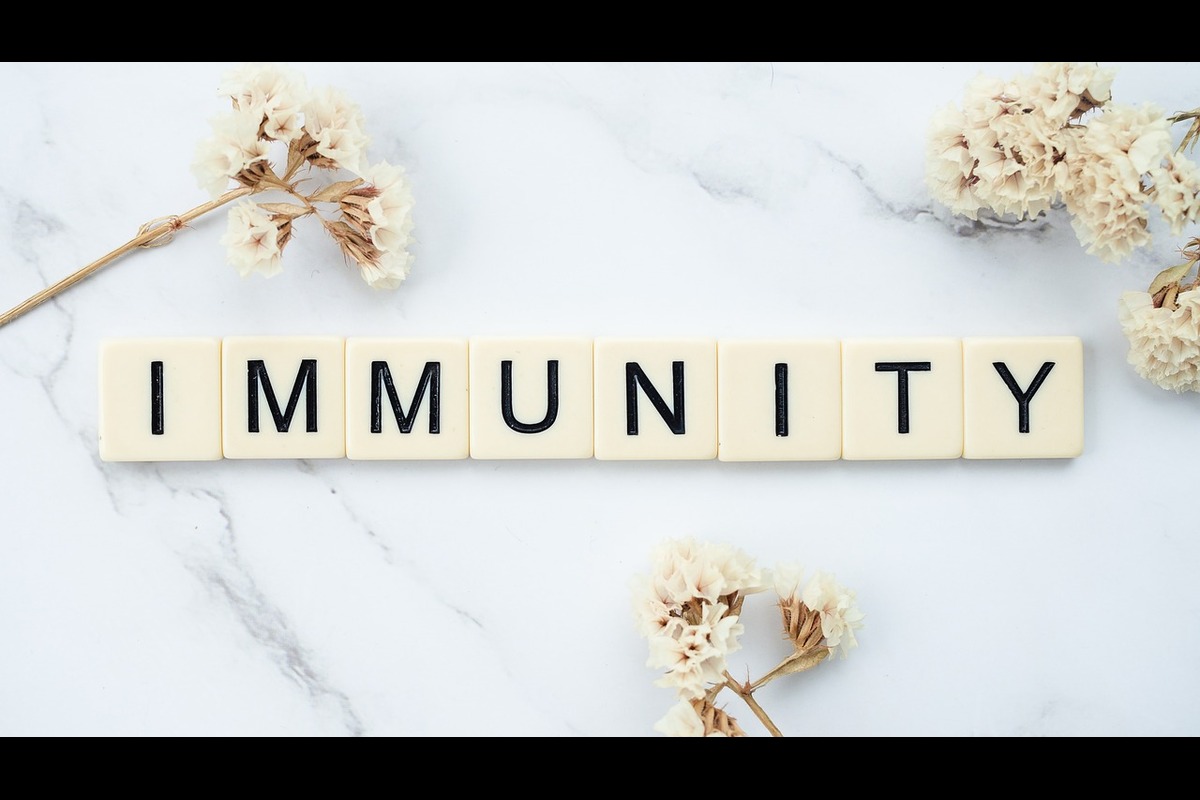 Immunity spelled with Scrabble-style tiles on marble surface, accented by dried flowers to evoke natural health and wellness